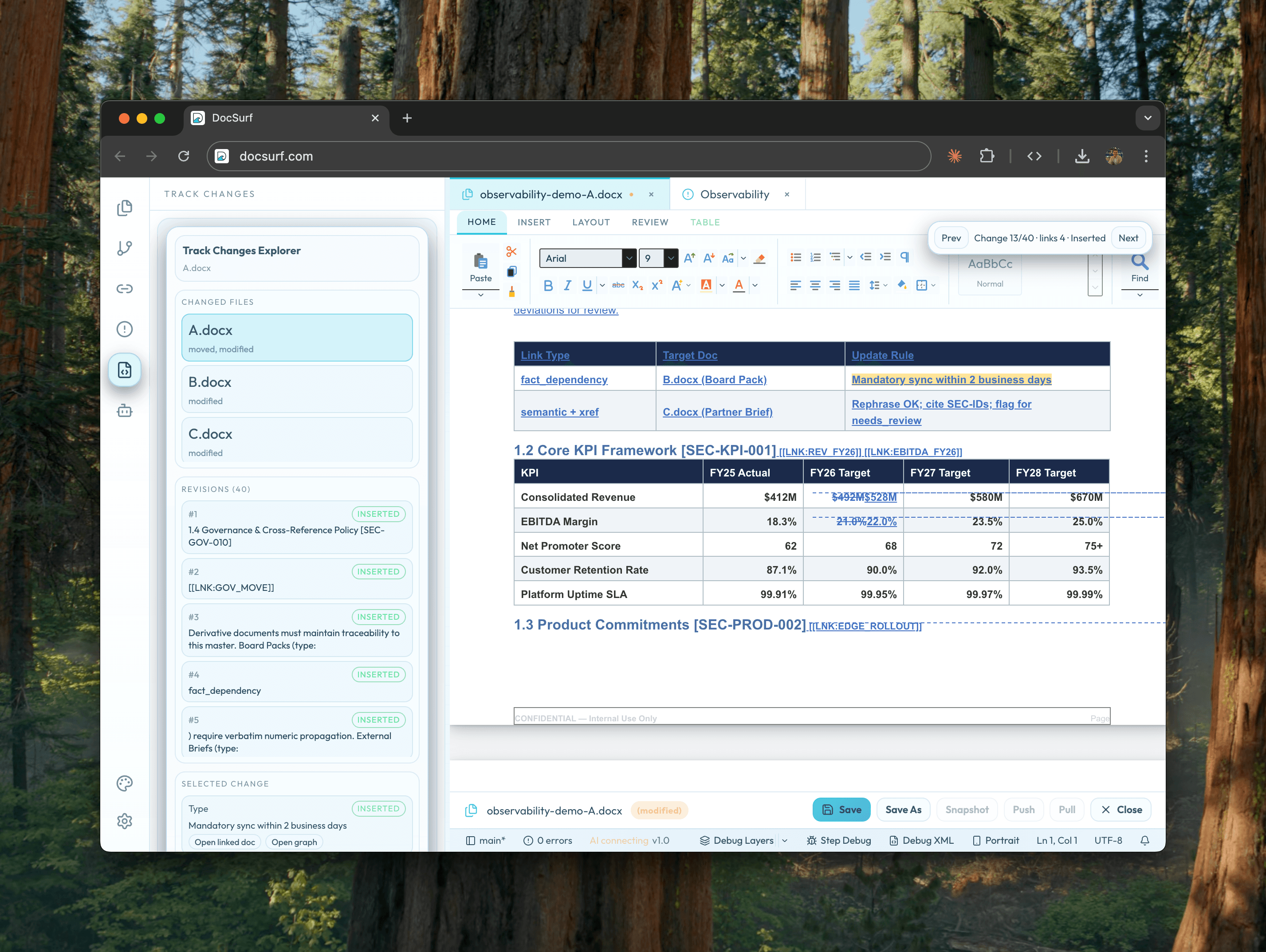 DocSurf Track Changes and semantic diff validation interface